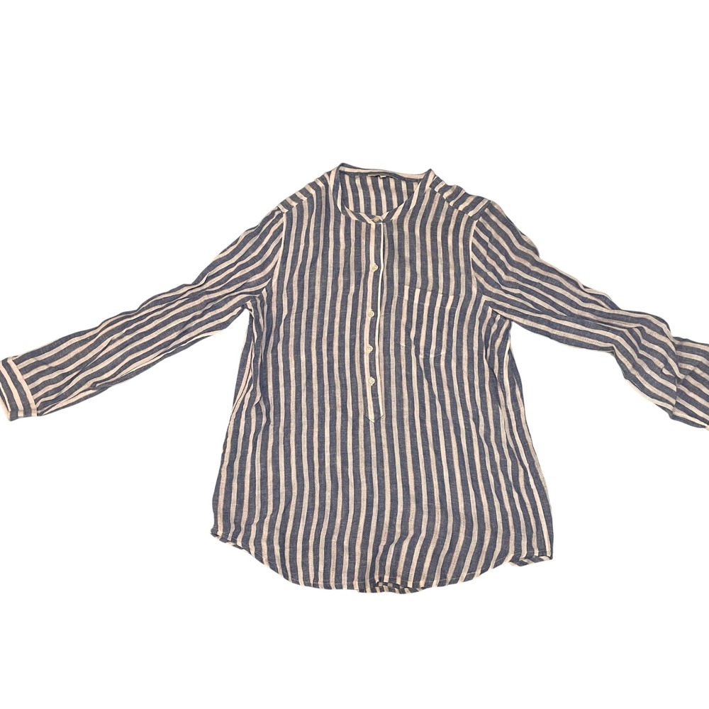 Lucky Brand Womens Blue White Striped Linen Blend Band Collar Tunic Top Size M